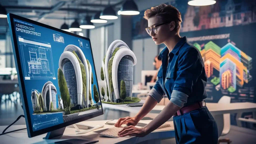 a woman standing in front of a computer